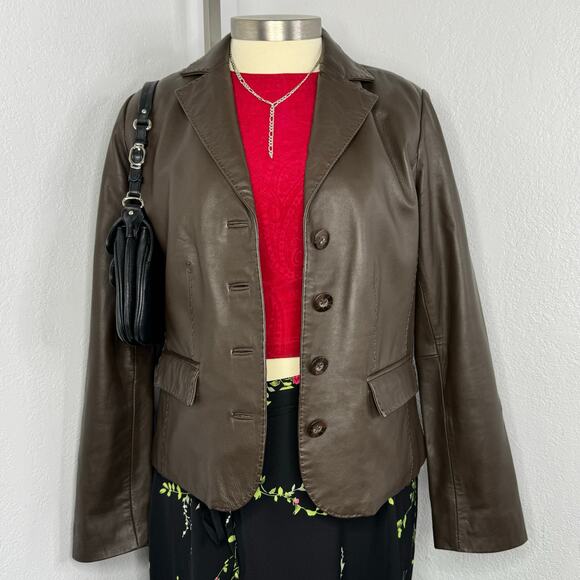 Lambskin Leather Brown Button Blazer Jacket Size Large - Picture 3 of 12